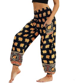 Nuofengkudu Mujer Pantalones Hippies Tailandeses Estampado Verano Cintura Alta Elastica con Bolsillos para Yoga Casual