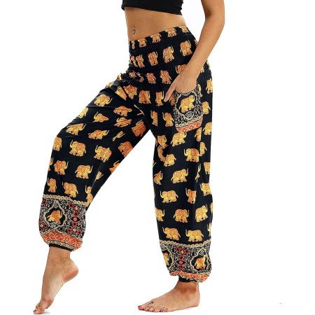 Nuofengkudu Mujer Pantalones Hippies Tailandeses Estampado Verano Cintura Alta Elastica con Bolsillos para Yoga Casual