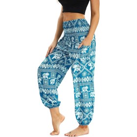 Nuofengkudu Mujer Pantalones Hippies Tailandeses Estampado Verano Cintura Alta Elastica con Bolsillos para Yoga Casual