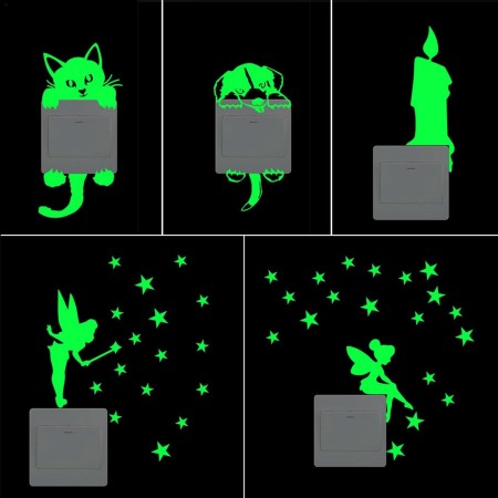6 Piezas Pegatina Pared Fluorescente, Pegatinas Pared Para Interruptor De Luz Enchufes, Estrellas Luminosas Pegatina Pared,