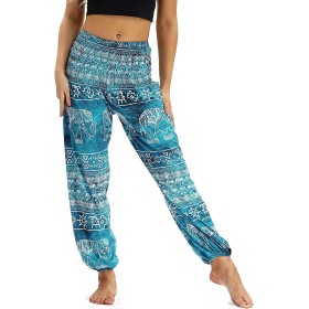 Nuofengkudu Mujer Pantalones Hippies Tailandeses Estampado Verano Cintura Alta Elastica con Bolsillos para Yoga Casual
