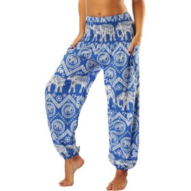 Nuofengkudu Mujer Pantalones Hippies Tailandeses Estampado Verano Cintura Alta Elastica con Bolsillos para Yoga Casual