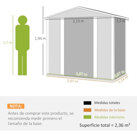Outsunny Caseta de Jardín Exterior 2,36m² 213x120x194 cm Cobertizo de Jardín Exterior con Base Refuerzo (Suelo NO Incluido)