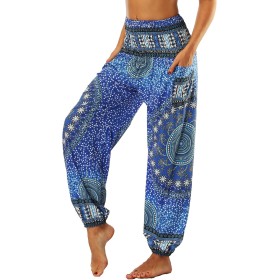 Nuofengkudu Mujer Pantalones Hippies Tailandeses Estampado Verano Cintura Alta Elastica con Bolsillos para Yoga Casual
