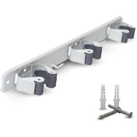 Parence.- Soporte de pared triple atornillable para escoba y accesorios - Gancho escoba 3 soportes + 2 ganchos - 37cm