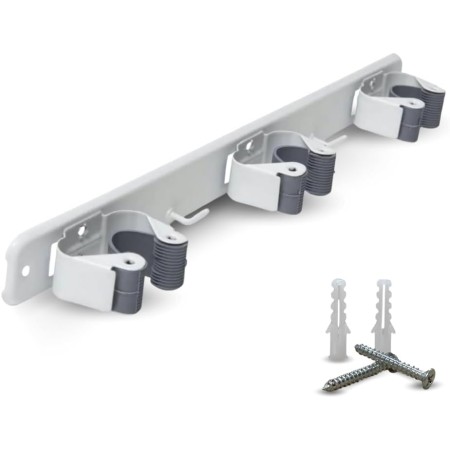 Parence.- Soporte de pared triple atornillable para escoba y accesorios - Gancho escoba 3 soportes + 2 ganchos - 37cm