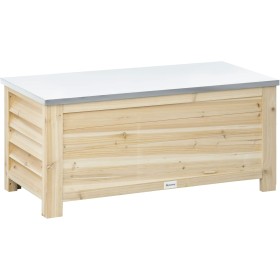 Outsunny Arcón de Jardín Exterior Carga 155L Baúl de Almacenaje Exterior de Madera con Tapa de Metal Galvanizado y Diseño con