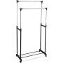 Parence.- Doble perchero con ruedas - Aluminio y plástico - Doble barra y almacenamiento de zapatos - Ajustable hasta 160 cm