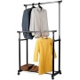 Parence.- Doble perchero con ruedas - Aluminio y plástico - Doble barra y almacenamiento de zapatos - Ajustable hasta 160 cm