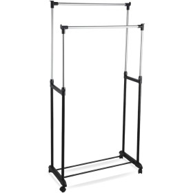 Parence.- Doble perchero con ruedas - Aluminio y plástico - Doble barra y almacenamiento de zapatos - Ajustable hasta 160 cm