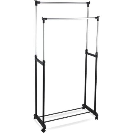 Parence.- Doble perchero con ruedas - Aluminio y plástico - Doble barra y almacenamiento de zapatos - Ajustable hasta 160 cm