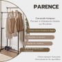 Parence.- Doble perchero con ruedas - Aluminio y plástico - Doble barra y almacenamiento de zapatos - Ajustable hasta 160 cm