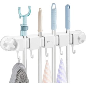YERENCY Soporte de pared para escobas y fregonas con ventosa, 4 soportes y 5 ganchos, soporte de plástico ABS resistente, apto