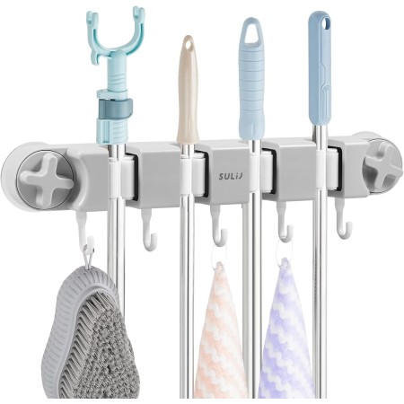 YERENCY Soporte de pared para escobas y fregonas con ventosa, 4 soportes y 5 ganchos, soporte de plástico ABS resistente, apto