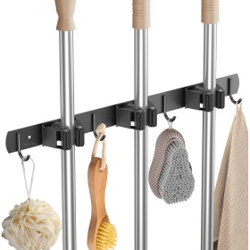 DBTW Soporte de Fregona de Pared de Acero Inoxidable de 3 Posiciones, Colgador de Escobas Multifuncional Resistente, Organizador