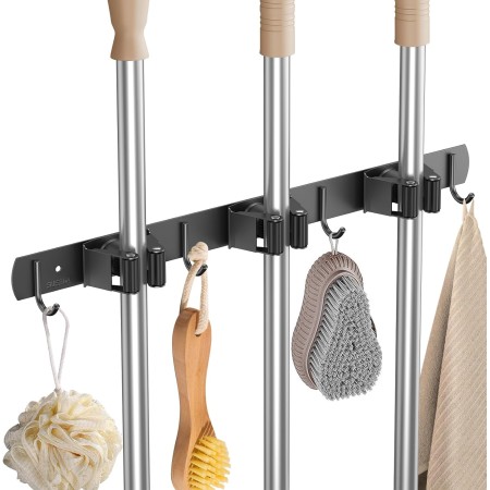 DBTW Soporte de Fregona de Pared de Acero Inoxidable de 3 Posiciones, Colgador de Escobas Multifuncional Resistente, Organizador