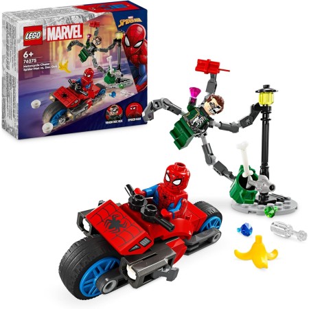 LEGO Marvel Persecución en Moto: Spider-Man vs. Doc Ock, Juguete de Construcción con Cañones y Aracnoblásteres, Moto de Spidey,