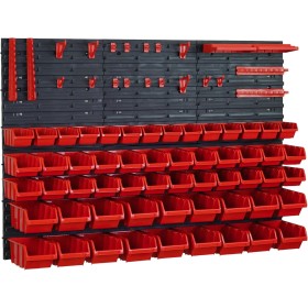 Juego de 84 cajas apilables y 6 estantes de pared de 39 x 38 cm y portaherramientas | Pared perforada para un almacenamiento