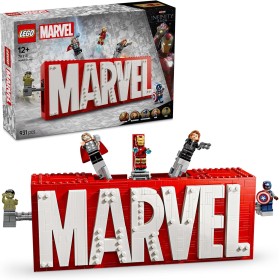 LEGO Marvel: Logotipo MARVEL y Minifiguras de Vengadores Capitán América, Hulk, Thor, Iron-Man y Viuda Negra, Maqueta 3D de