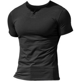 Hombres Casual Manga Corta Camiseta Soltero Botón Abertura Llano v Cuello Camisas Algodón