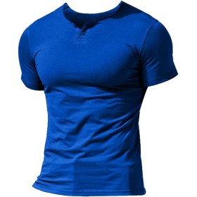 Hombres Casual Manga Corta Camiseta Soltero Botón Abertura Llano v Cuello Camisas Algodón