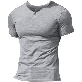 Hombres Casual Manga Corta Camiseta Soltero Botón Abertura Llano v Cuello Camisas Algodón