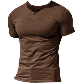 Hombres Casual Manga Corta Camiseta Soltero Botón Abertura Llano v Cuello Camisas Algodón
