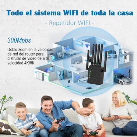 Repetidor WiFi, 300Mbps WiFi Extender Largo Alcance, Amplificador señal WiFi con 6Antenas de Alta Ganancia, Puerto LAN,
