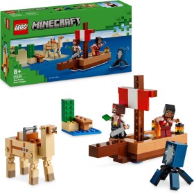 LEGO Minecraft El Viaje en el Barco Pirata de Juguete con Figuras de Animales Pez, Calamar, Camello y Minifigura de Piratas para