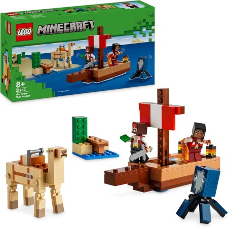 LEGO Minecraft El Viaje en el Barco Pirata de Juguete con Figuras de Animales Pez, Calamar, Camello y Minifigura de Piratas para