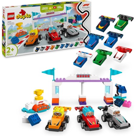 LEGO Duplo Mi Ciudad Coches de Carreras y Pilotos del Equipo de F1, Coche de Fórmula 1 de Juguete con Semáforo y Trofeo, Juegos