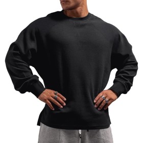 Muscle Alive Hombres Básico Manga Larga Gofre Sudaderas Camisa de Entrenamiento Ajuste Holgado Ejercicio Pull-Over Camisa de