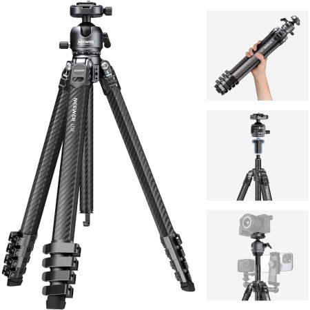 NEEWER LITETRIP LT32 - Trípode de viaje de fibra de carbono de 62 pulgadas con nivelación de ± 15°, cabeza panorámica de 360°,