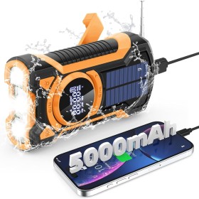 Cargador Solar para Movil, FM/Am Radio Portátil de Emergencia con Manivela y 5000mAh Powerbank y Altavoz Bluetooth Linterna LED