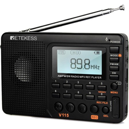Retekess V115 Radio Portátil,FM Am SW Radio Pequeña,Radios Pequeñas Digitales con MP3,SD/TF/USB,3 Modos de Grabación,Tiempo de