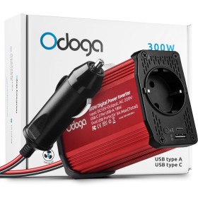 Odoga inversor 12v a 220v 300W para Coche, Convertidor con USB-C y USB-A - Adaptador Mechero Coche a Enchufe - Cargue Sus
