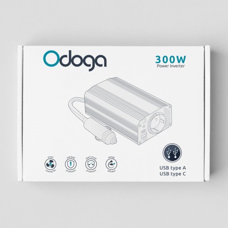 Odoga inversor 12v a 220v 300W para Coche, Convertidor con USB-C y USB-A - Adaptador Mechero Coche a Enchufe - Cargue Sus