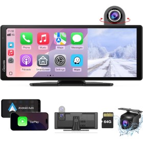Carpuride W904 Wireless Carplay & Android Auto con Dash CAM - Pantalla táctil IPS HD de 10" para Coche, cámara Frontal 4K y