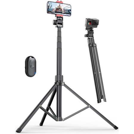 Trípode para Móvil 180cm, Extensible Profesional Estable Aluminiocon Trípode con Control Remoto & Teléfono Soporte, Compatible