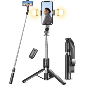 Palo Selfie Trípode Mejorado - 2 Luces de Relleno, Tripode para Movil 114 CM Extra Largo con Control Remoto Desmontable,