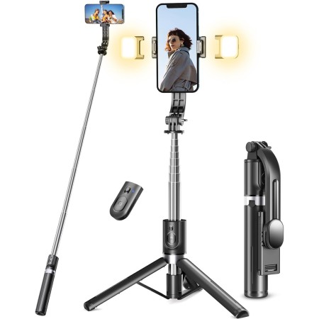 Palo Selfie Trípode Mejorado - 2 Luces de Relleno, Tripode para Movil 114 CM Extra Largo con Control Remoto Desmontable,