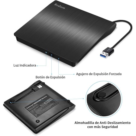 Rodzon Grabadora Externa USB 3.0, Unidades Portátil CD/DVD /-RW/ROM Estable con Lector/Quemador/Re - Quemador para Win 10/8 / 7