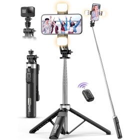 Palo Selfie Tripode con 2 Luces, Tripode para Movil 135CM Extra Largo con Control Remoto Desmontable, Selfie Stick con 1/4 de