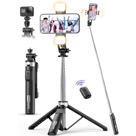 Palo Selfie Tripode con 2 Luces, Tripode para Movil 135CM Extra Largo con Control Remoto Desmontable, Selfie Stick con 1/4 de