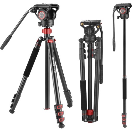 NEEWER 74.4" Trípode Monopie Básico Video Cabezal y 3 Vías Manija Pan Tilt Remoto, Cámara Superior Eje Central Horizontal,