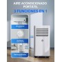 Aire Acondicionado Portátil 9000 BTU, 4 en 1: Refrigeración, Ventilador, Deshumidificador y Modo Sueño, Silencioso, con Mando,