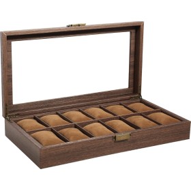 Uten Caja de reloj de 12 compartimentos, caja de reloj con almohadillas extraíbles, hebilla de metal, interior marrón, joyero