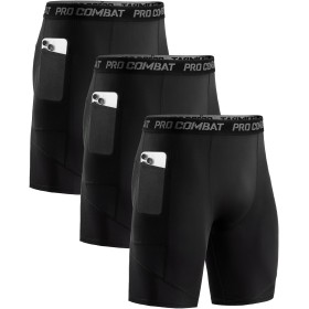 Niksa 1/3 Pieces Men's Running Tights Short Tights Men's Workout Shorts with Cell Phone Pocket Quick Dry Breathable Shorts