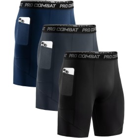 Niksa 1/3 Pieces Men's Running Tights Short Tights Men's Workout Shorts with Cell Phone Pocket Quick Dry Breathable Shorts