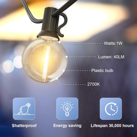 GLUROO 30M Guirnaldas Luminosas de Exterior LED, G40, IP45 Impermeable con 50+2 Bombillas de Plástico, Inastillable Cadena de
